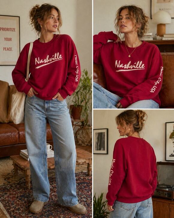 Jerzees Tops - Vintage 80s Nashville Sweatshirt Womens Large Jerzees USA Red Graphic Crewneck